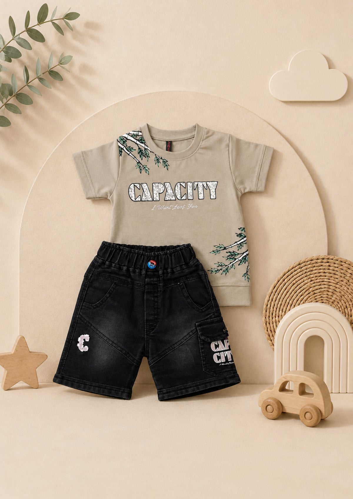 Boys beige graphic T-shirt and black cargo shorts set by TAARO