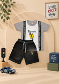 Boys grey and white racing graphic T-shirt with black drawstring shorts set