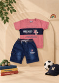 Boys dusty pink graphic T-shirt and navy cargo shorts two-piece outfit by Taaro