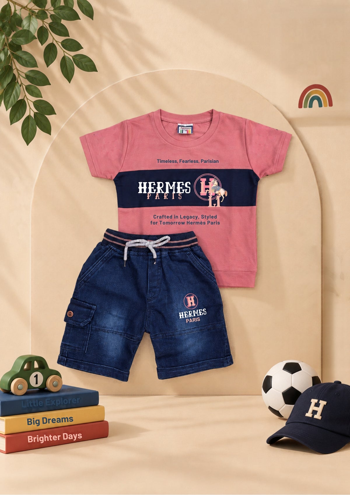 Boys dusty pink graphic T-shirt and navy cargo shorts two-piece outfit by Taaro