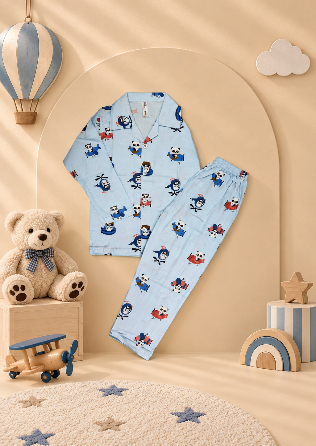 Kids light blue panda adventure print full sleeve pajama night suit set - Taaro