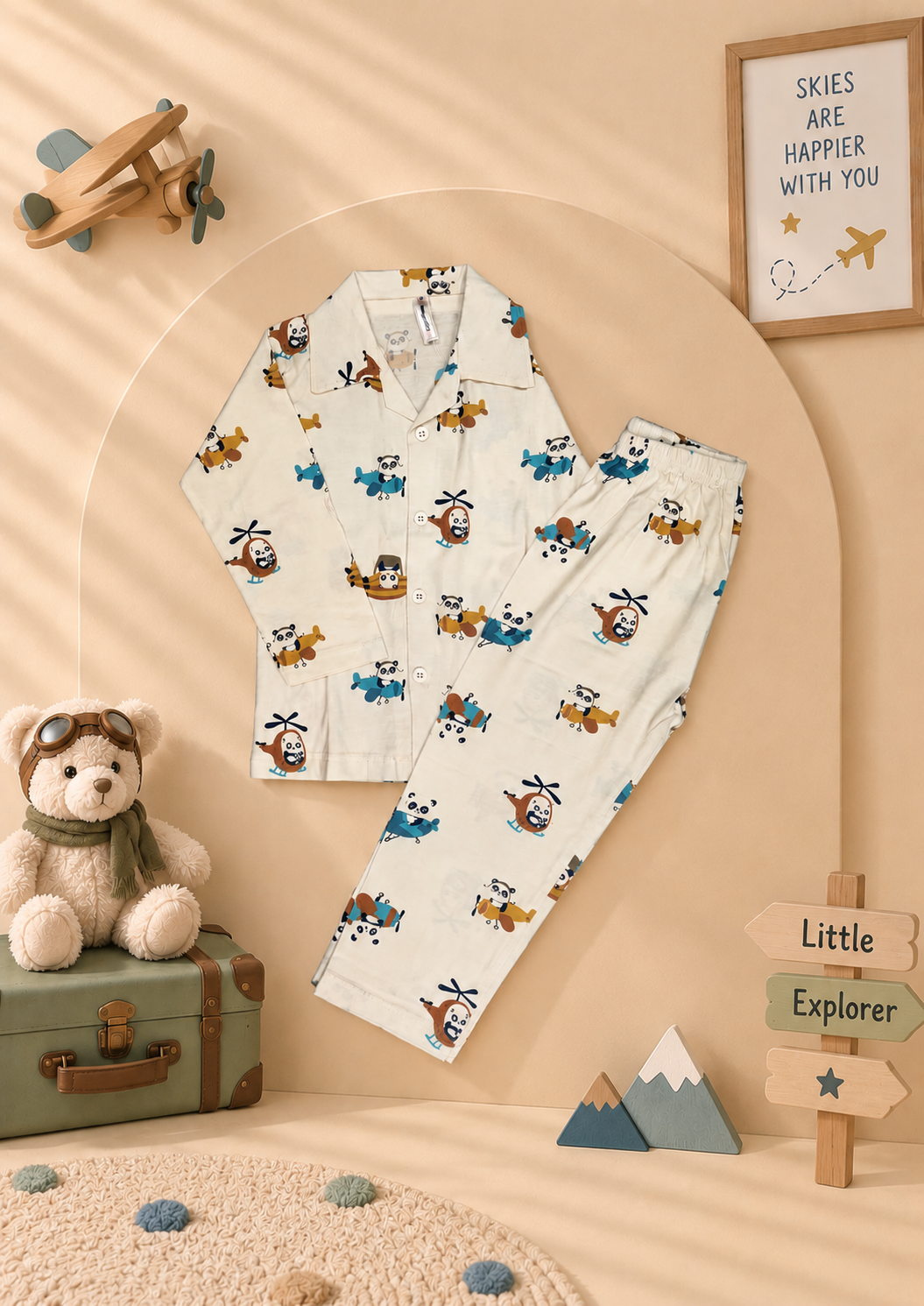 Kids Panda Adventure Print Full Sleeve Pajama Night Suit Set