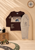 Boys brown motorcycle print full sleeve T-shirt with beige pants set - Taaro