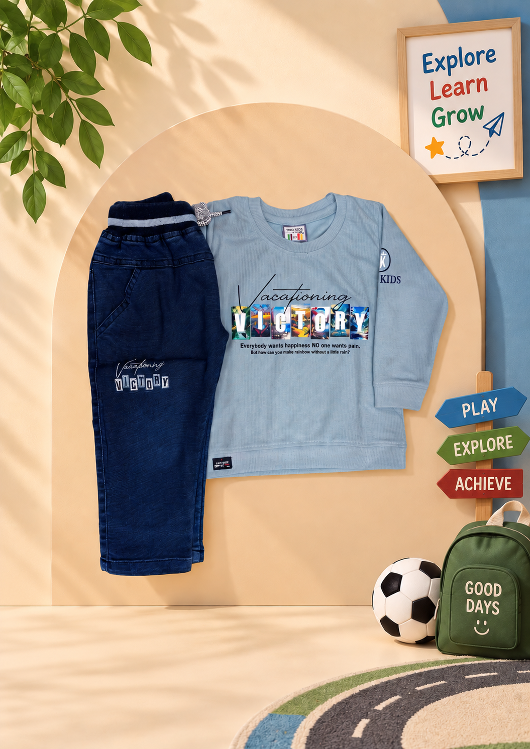 Boys light blue Victory full sleeve T-shirt with navy blue pants set - Taaro