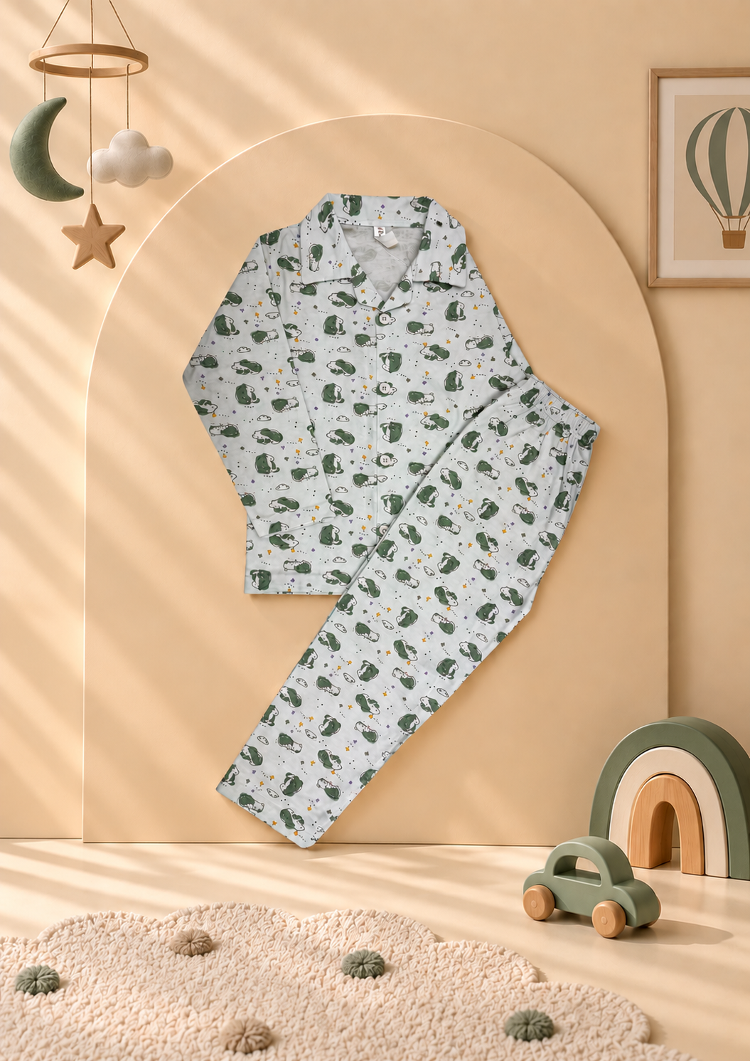 Kids green character print full sleeve shirt and pajama night suit set - Taaro
