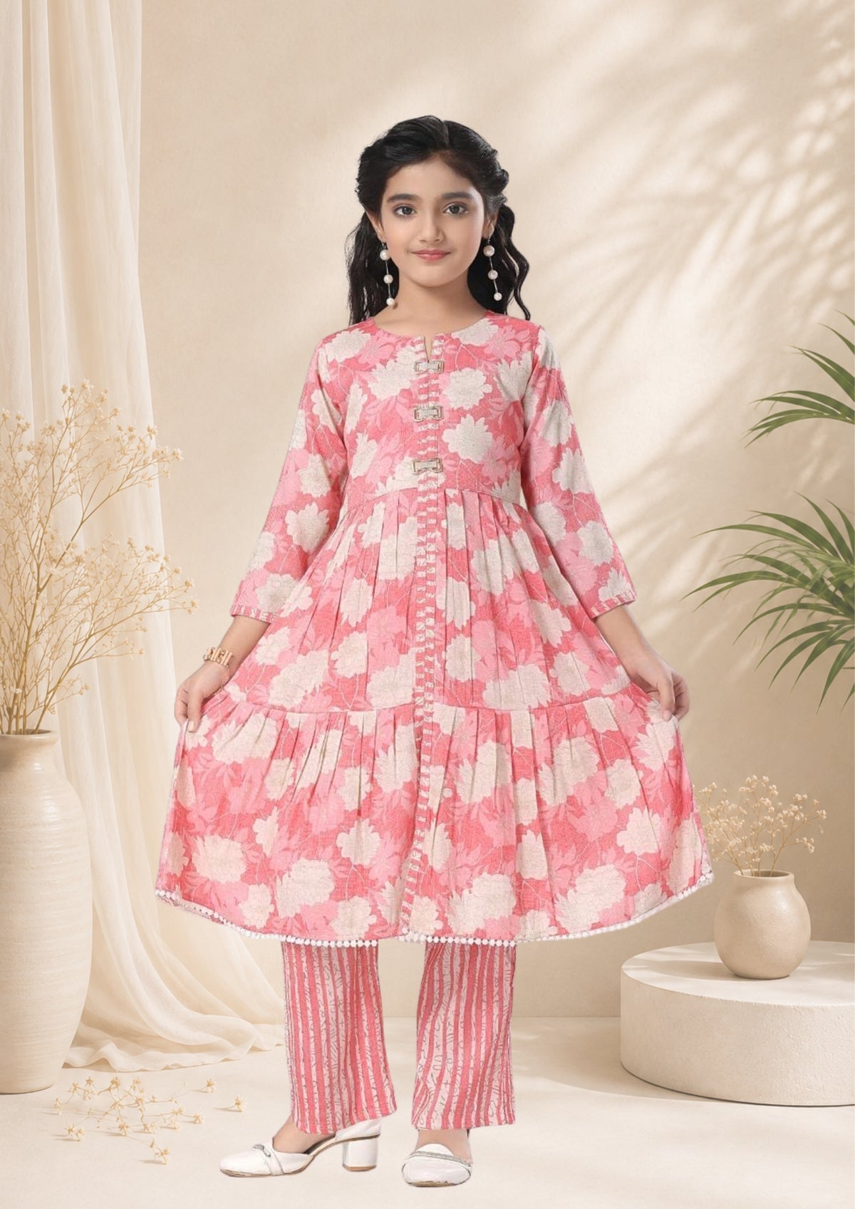Elegant Floral Tiered Kurti Set for Girls