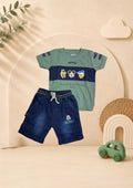 Boys green character graphic T-shirt with dark blue denim-look shorts