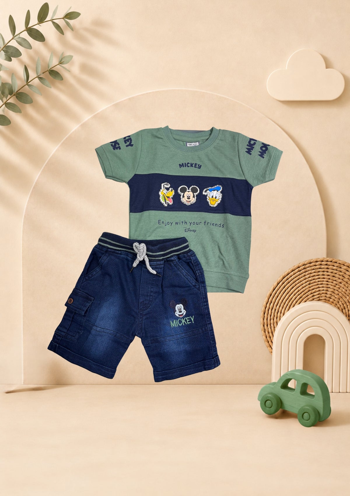 Boys green character graphic T-shirt with dark blue denim-look shorts