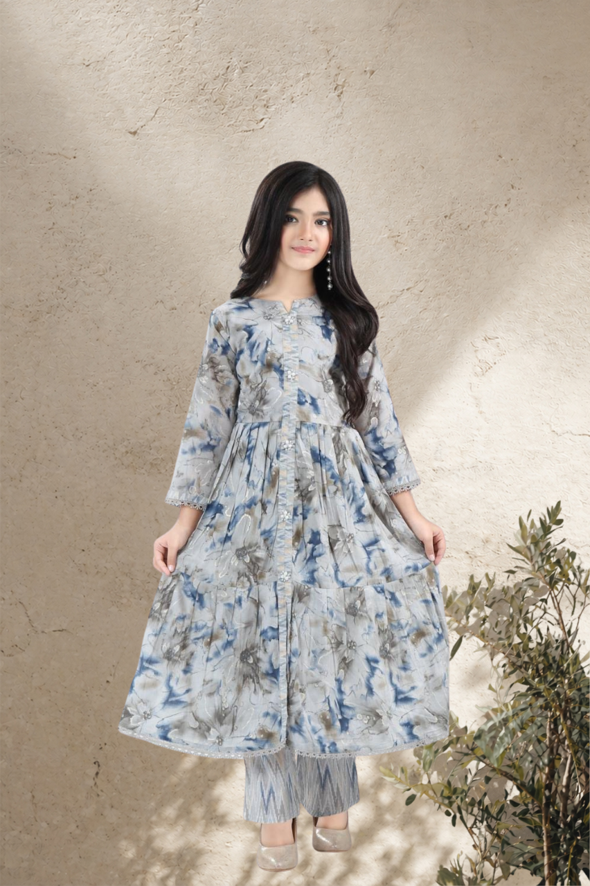 Elegant Floral Tiered Kurti Set for Girls