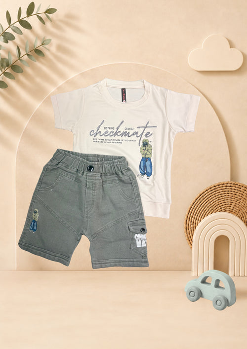 Boys beige graphic T-shirt with washed sage grey cargo shorts set