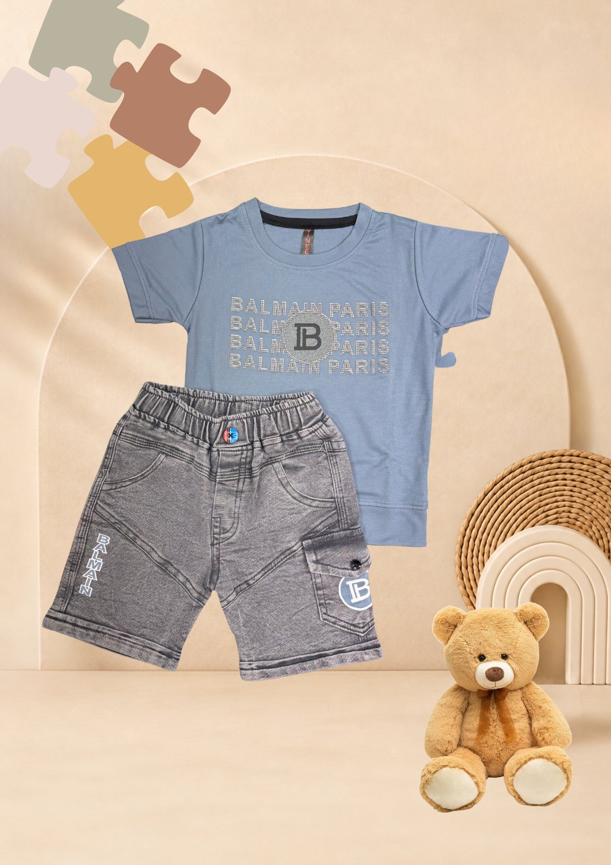Boys blue graphic T-shirt and grey cargo shorts set by TAARO