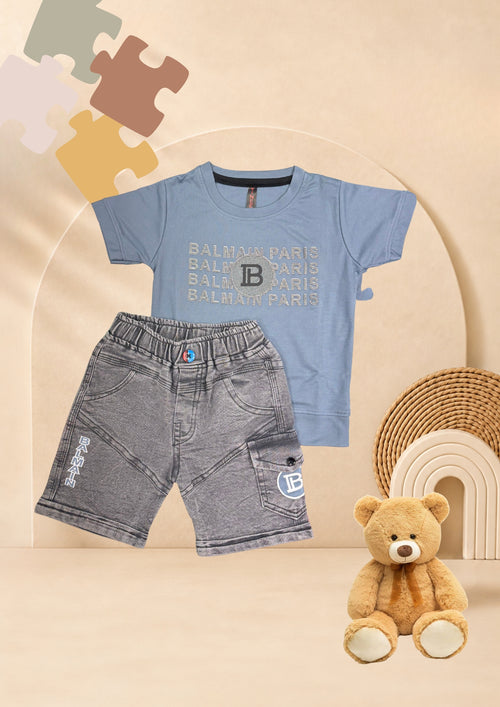 Boys blue graphic T-shirt and grey cargo shorts set by TAARO