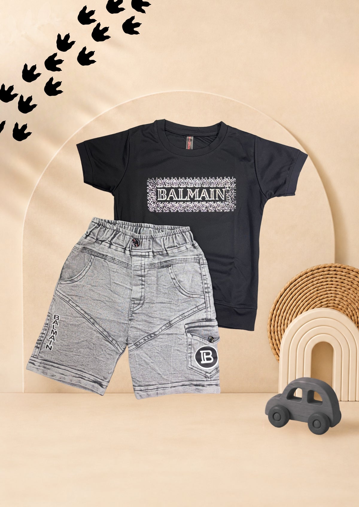 Boys black graphic T-shirt with washed grey utility shorts set