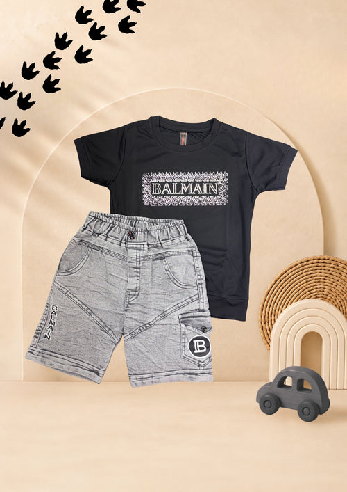 Boys black graphic T-shirt with washed grey utility shorts set
