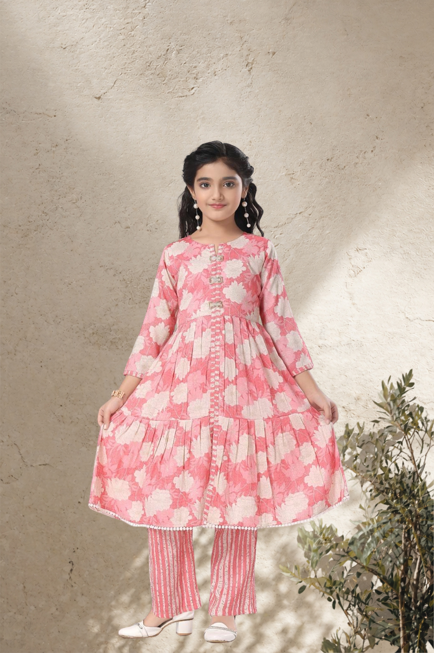 Elegant Floral Tiered Kurti Set for Girls