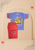 Boys blue superhero graphic T-shirt and red shorts two-piece set