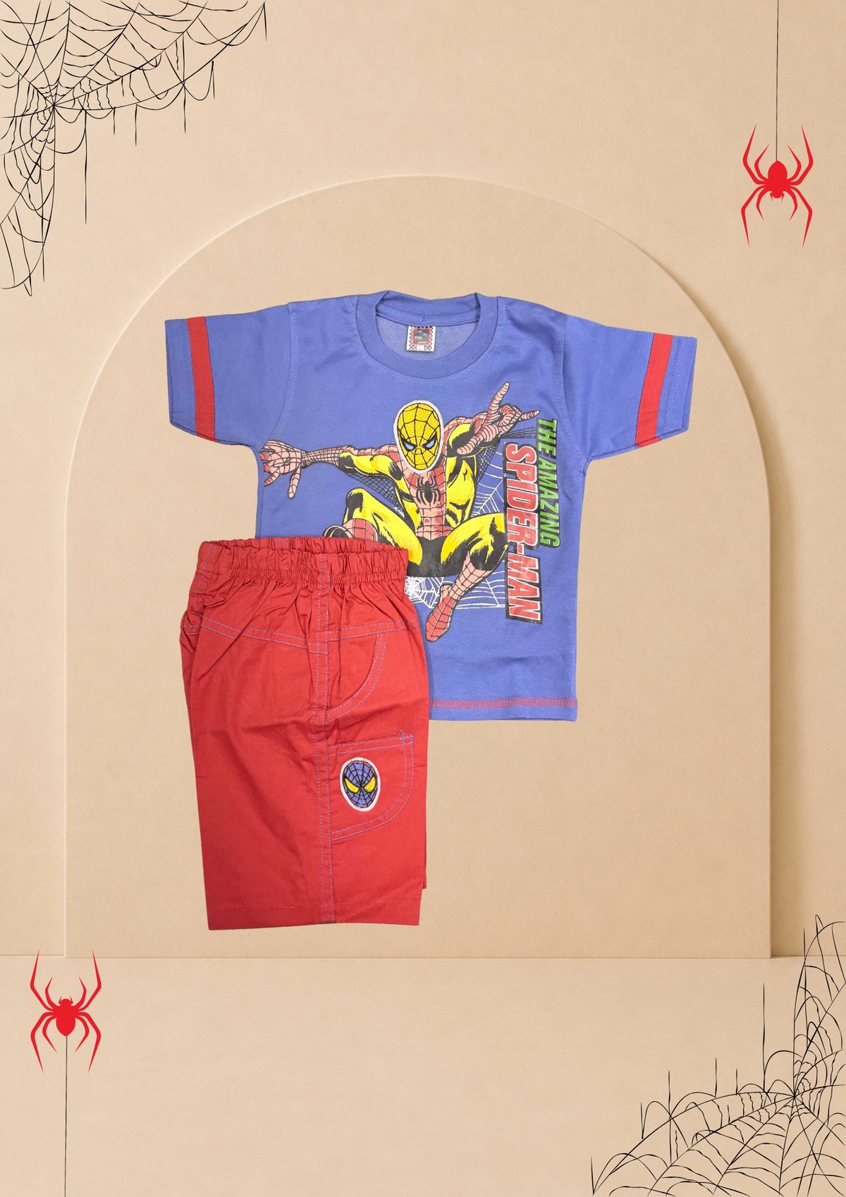 Boys blue superhero graphic T-shirt and red shorts two-piece set