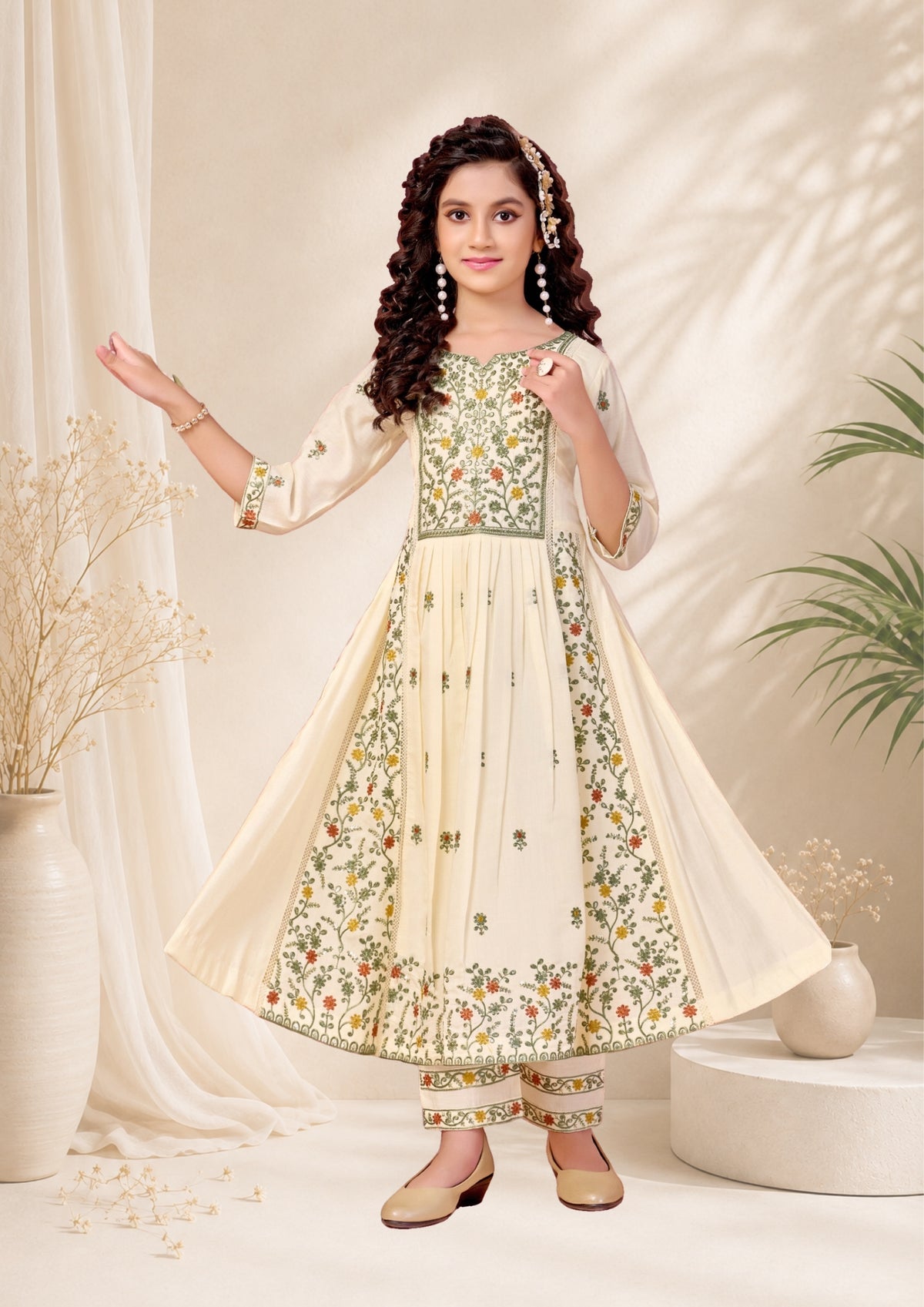 Girls Floral Embroidered Anarkali Suit Set