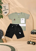 Boys sage green pocket T-shirt with black cargo shorts two-piece set by Taaro
