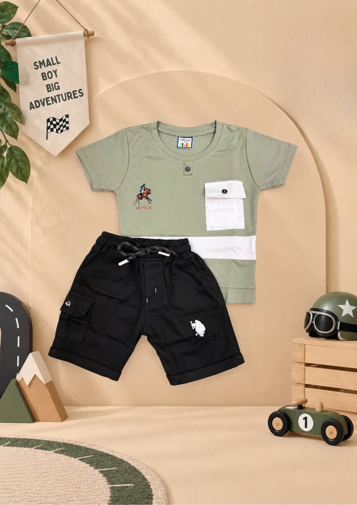 Boys sage green pocket T-shirt with black cargo shorts two-piece set by Taaro