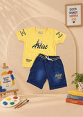 Boys yellow Artist graphic T-shirt with dark blue denim shorts co-ord set by Taaro